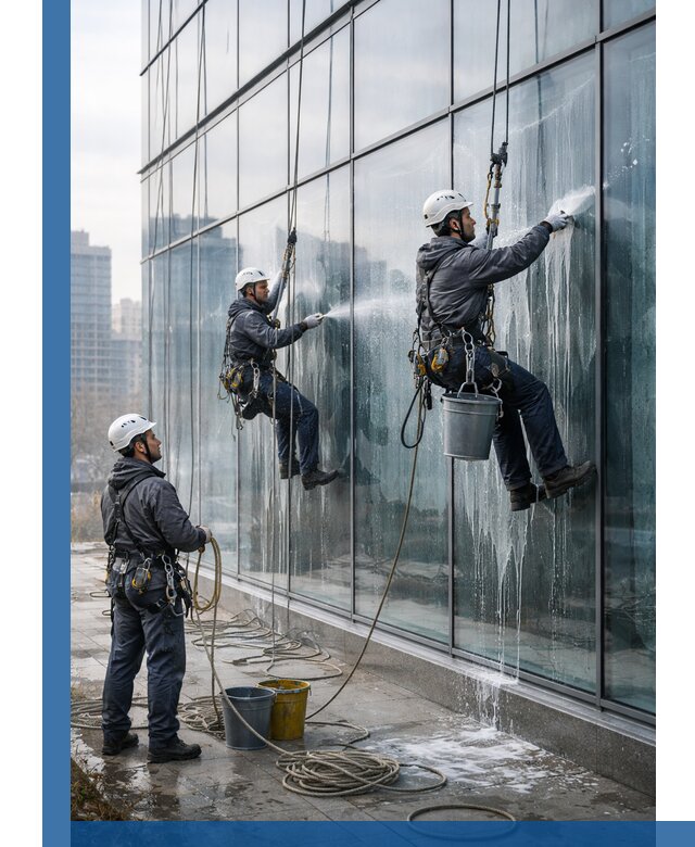 Промышленная мойка панорамных окон на высоте в Краснокаменске