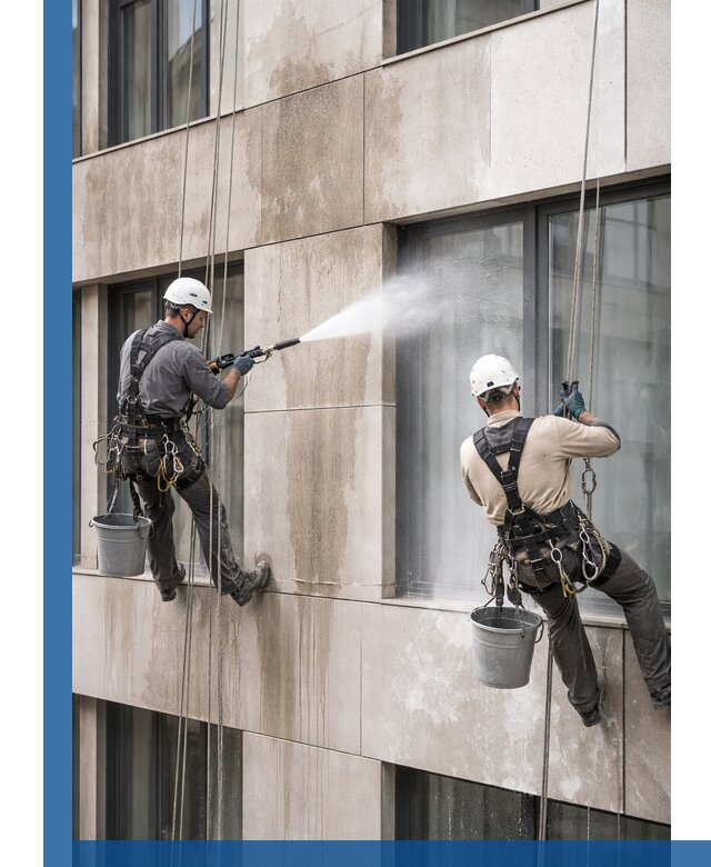 Послестроительная мойка фасада промышленным альпинизмом в Краснокаменске