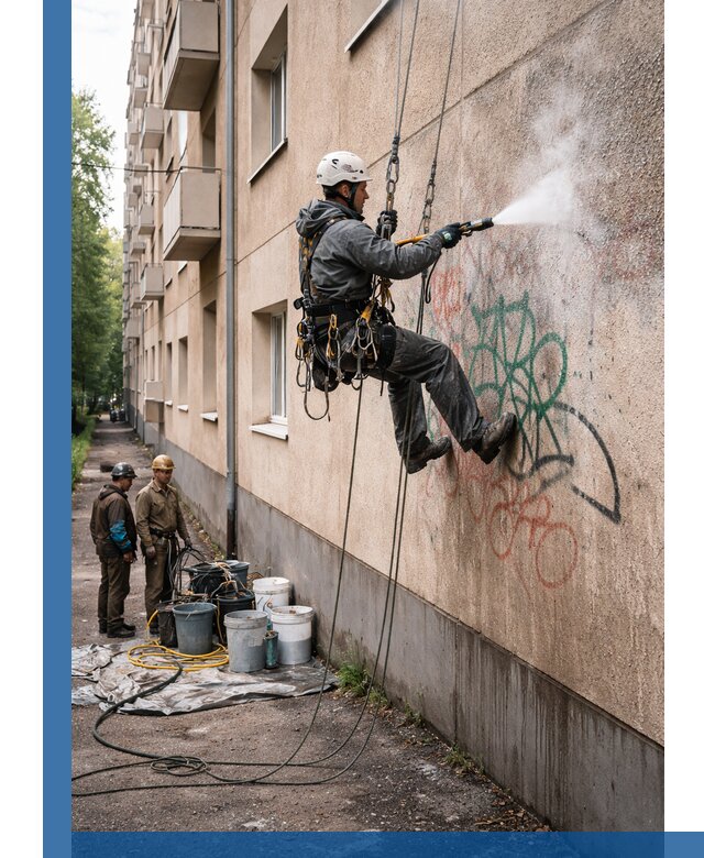 Удаление граффити с фасада в Краснокаменске без следов и повреждений