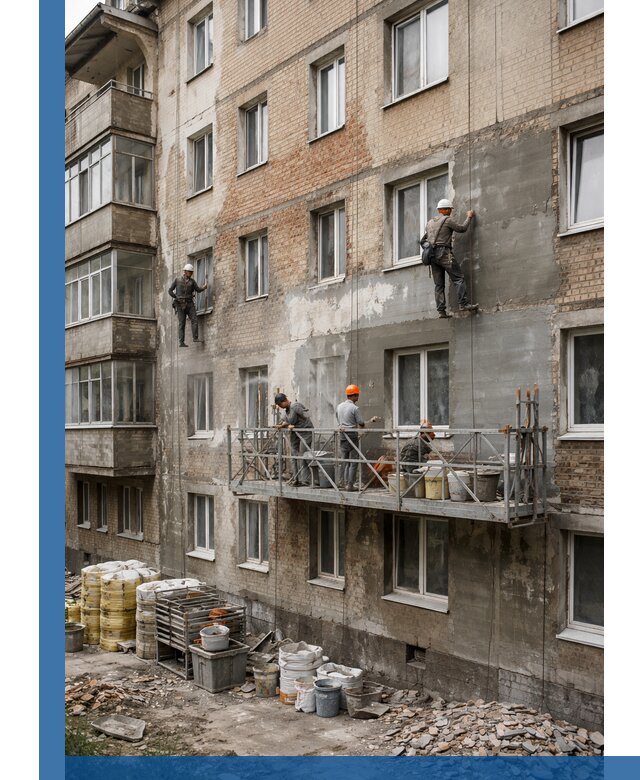 Капитальный ремонт фасада в Краснокаменске с восстановлением и гидроизоляцией