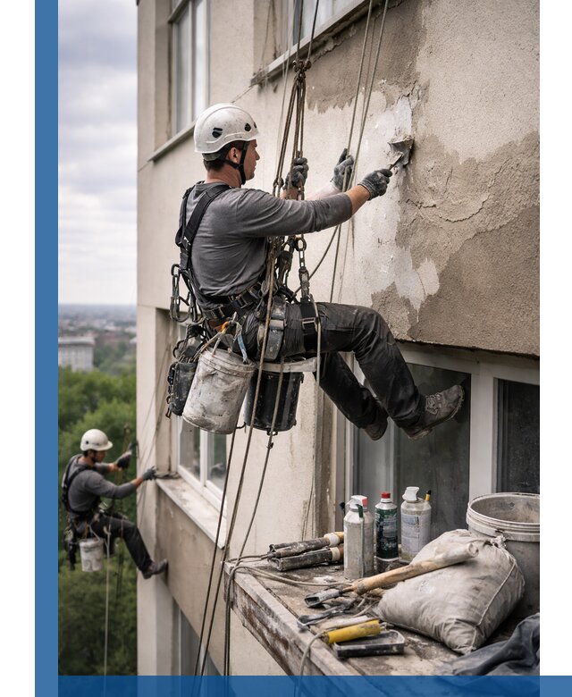 Косметический ремонт фасада зданий в Краснокаменске промышленными альпинистами