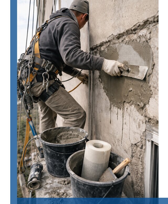 Ремонт бетонных элементов фасада промышленными альпинистами в Краснокаменске