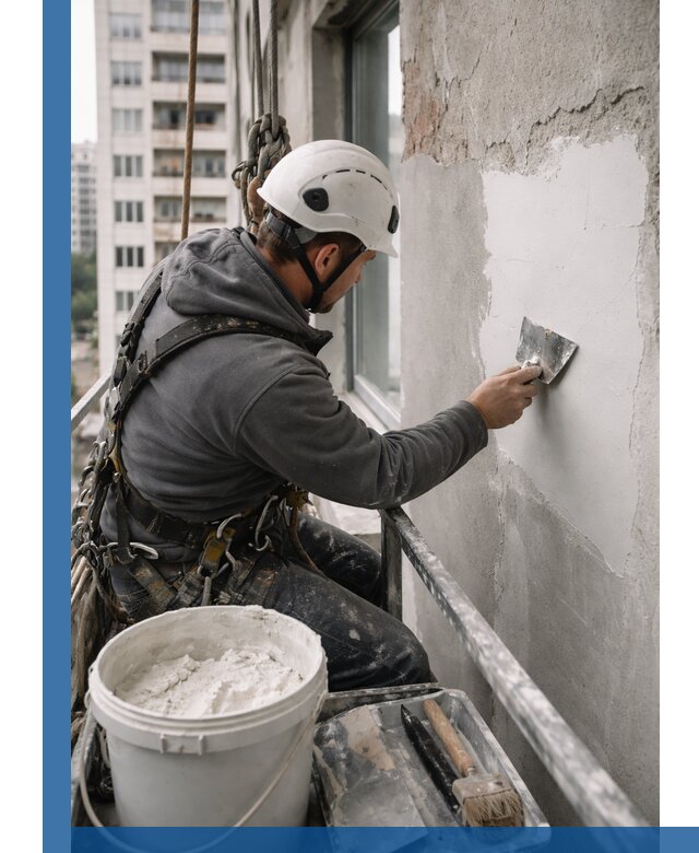 Шпаклевка фасадов на высоте с промальпинистами в Краснокаменске