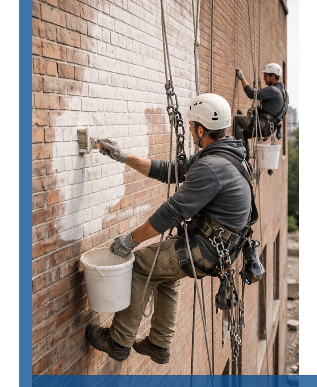 Покраска кирпичного фасада с доступным альпинистским сервисом в Краснокаменске