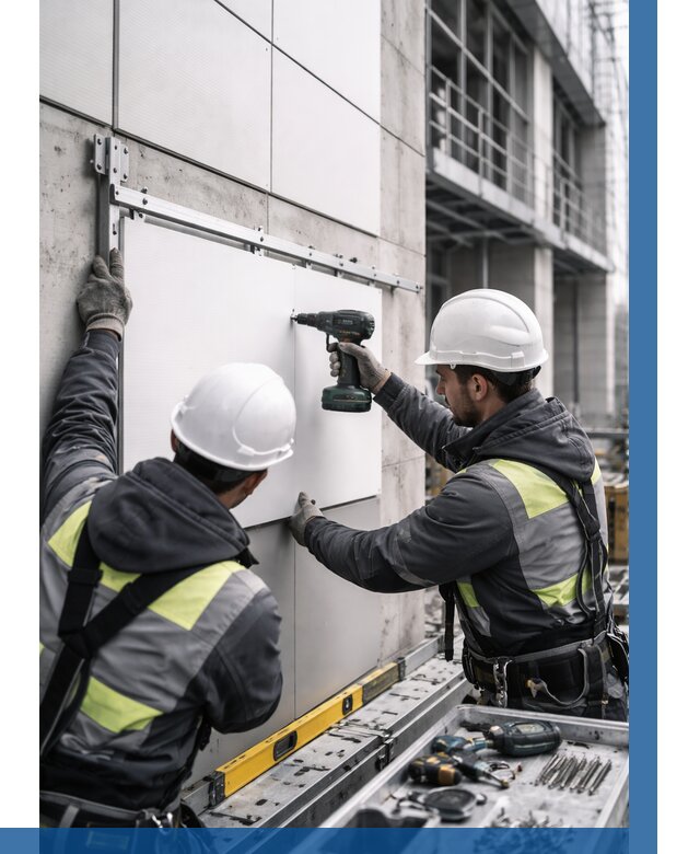 Монтаж композитных панелей фасада в Краснокаменске от 2555 р. | ВЫСОТНИК-Ксн