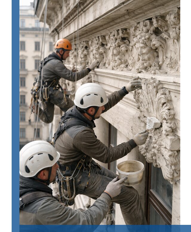 Реставрация фасадной лепнины с высотными работами в Краснокаменске