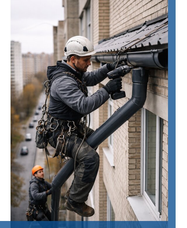 Монтаж водосточной системы на здании в Краснокаменске от 5111 р. | ВЫСОТНИК-Ксн