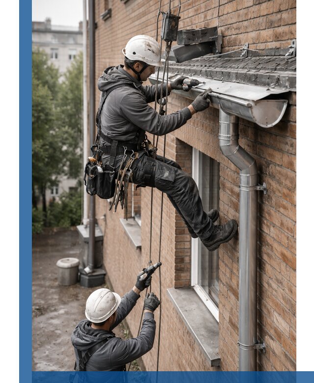 Монтаж водосточной системы на здании в Краснокаменске под ключ