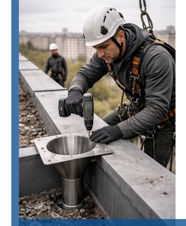 Монтаж водосточных воронок в Краснокаменске для промышленных зданий