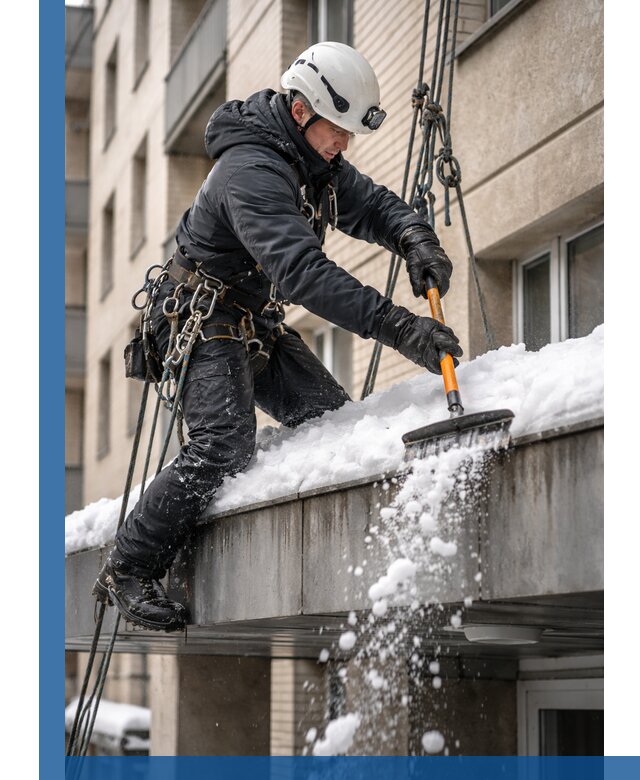 Очистка козырьков от снега в Краснокаменске круглогодично безопасно