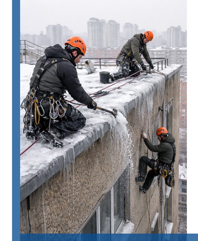 Удаление наледи с кровли в Краснокаменске промышленными альпинистами