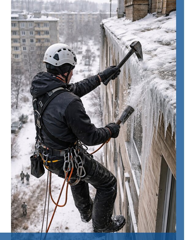 Сбивание сосулек с крыши в Краснокаменске по цене от 4599 р. | ВЫСОТНИК-Ксн