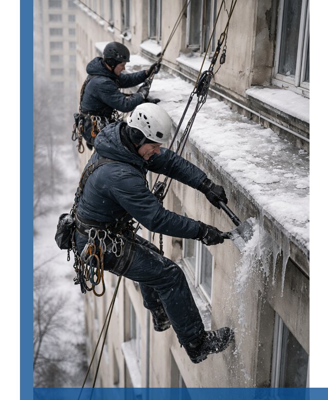 Удаление наледи и сосулек с карнизов в Краснокаменске профессионально