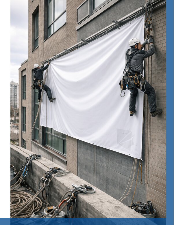 Монтаж баннеров на фасаде в Краснокаменске от 664 р. заказать ВЫСОТНИК-Ксн