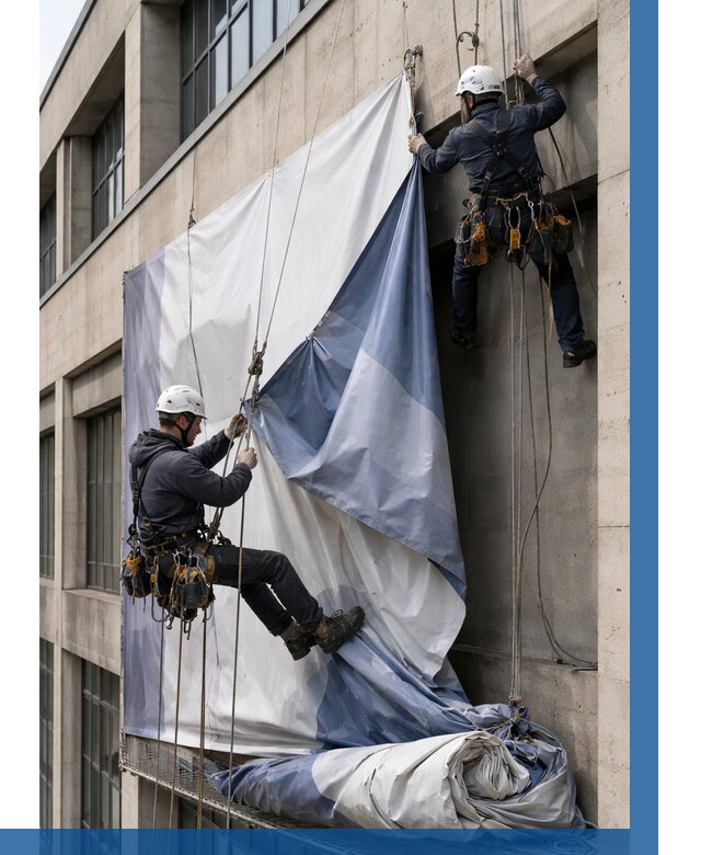 Демонтаж баннеров с фасада в Краснокаменске от 4599 р. | ВЫСОТНИК-Ксн