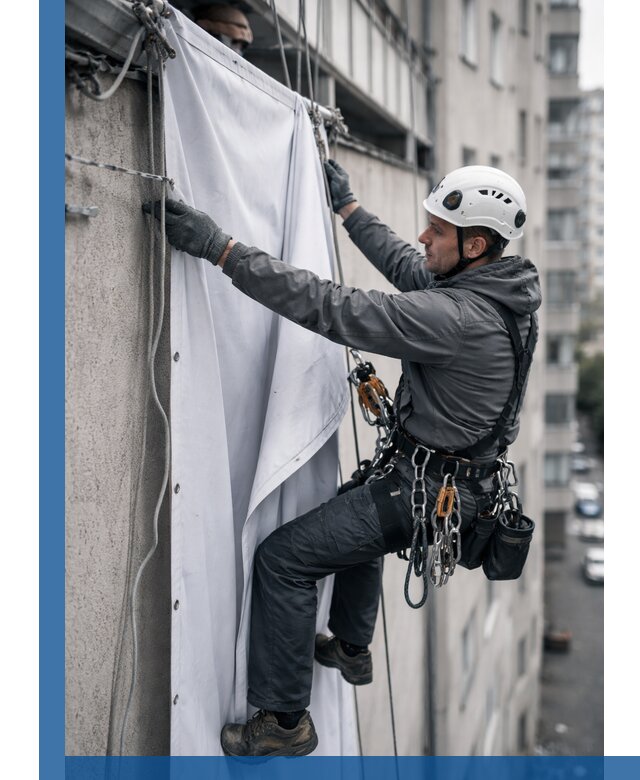 Замена баннерного полотна промышленными альпинистами в Краснокаменске
