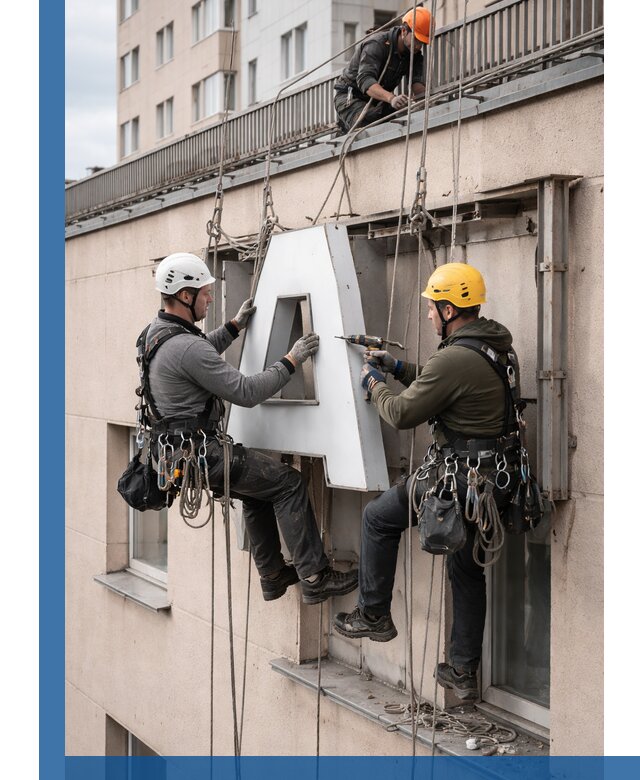 Ремонт и восстановление наружных вывесок на высоте в Краснокаменске