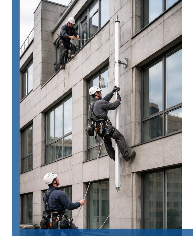 Монтаж флагштока на фасаде здания с креплением и герметикой в Краснокаменске