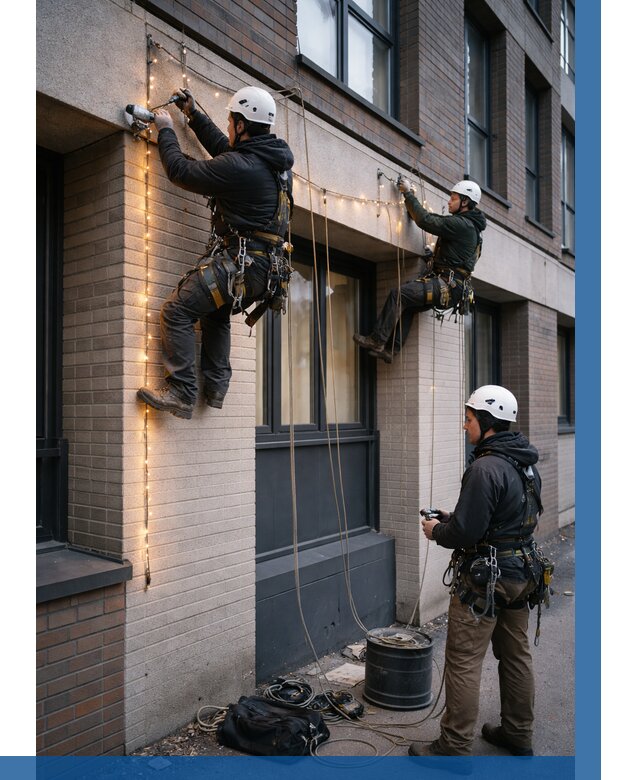 Монтаж гирлянд на фасаде в Краснокаменске от 3577 р. | ВЫСОТНИК-Ксн