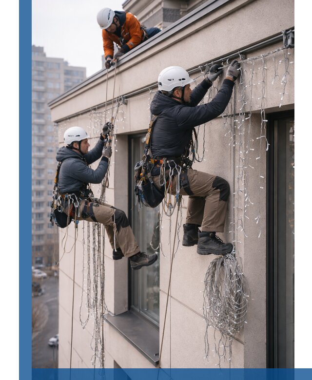 Монтаж праздничных гирлянд на фасаде в Краснокаменске для зданий