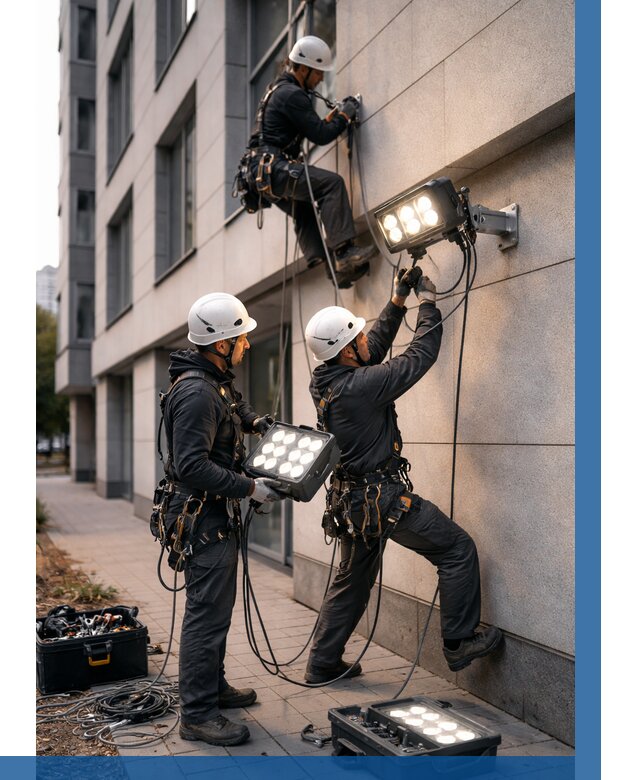 Монтаж прожекторов на фасаде в Краснокаменске от 7666 р. | ВЫСОТНИК-Ксн