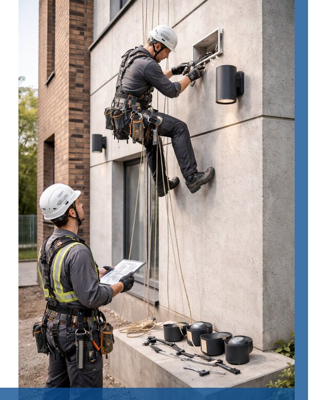 Монтаж фасадного освещения в Краснокаменске от 2555 р. | ВЫСОТНИК-Ксн