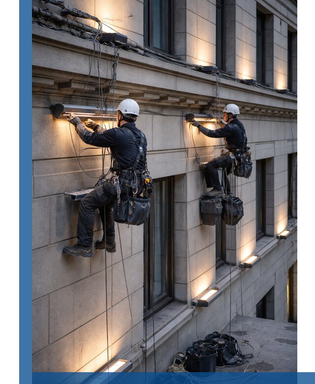 Монтаж архитектурной подсветки фасадов зданий в Краснокаменске