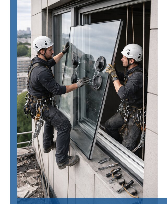 Замена стеклопакетов на высоте с промышленными альпинистами в Краснокаменске