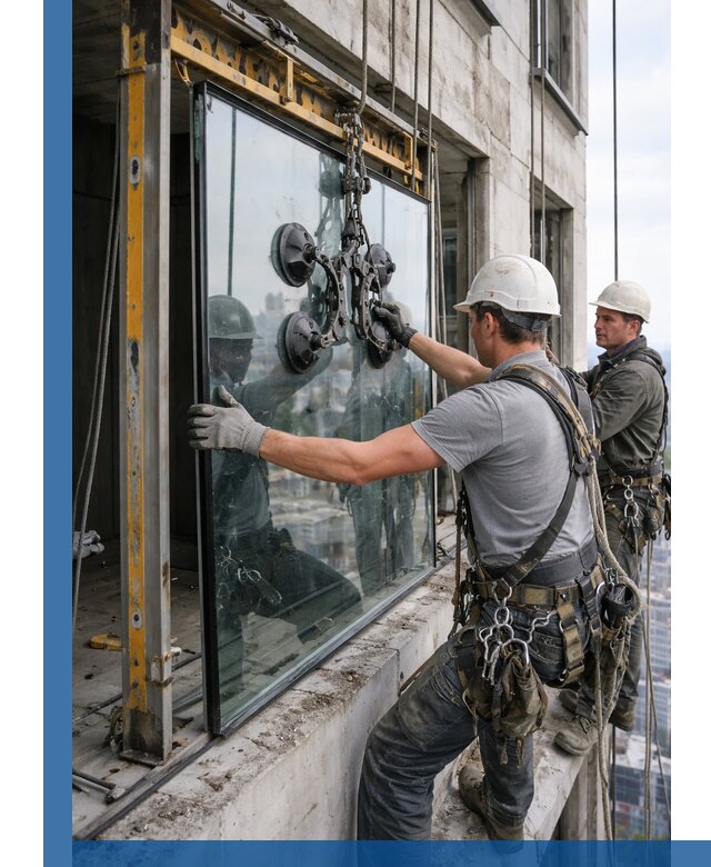 Монтаж стеклопакетов на высоте в Краснокаменске с промышленным альпинизмом