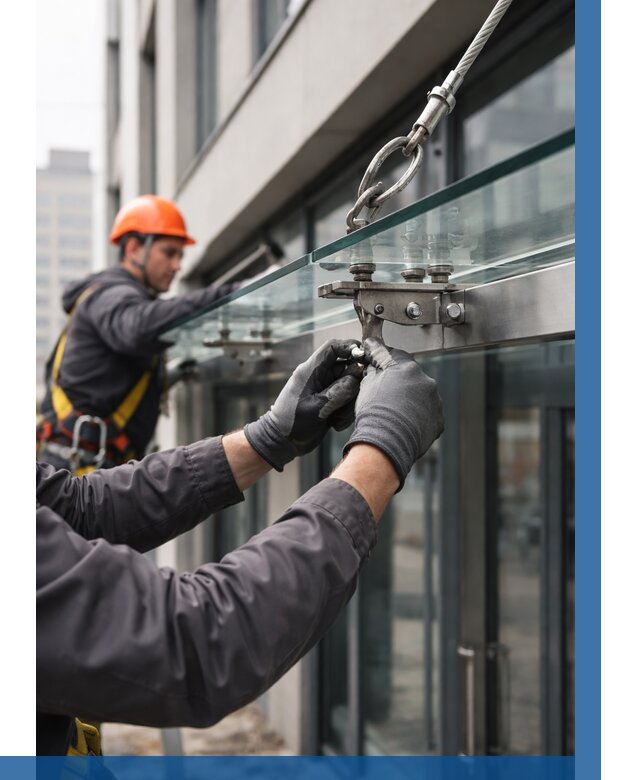 Монтаж стеклянных козырьков в Краснокаменске от 8688 р. | ВЫСОТНИК-Ксн