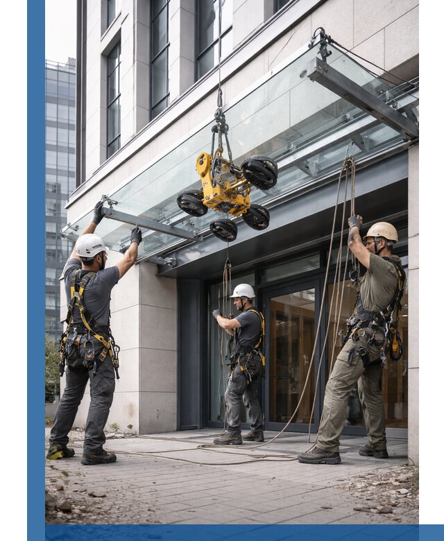 Монтаж стеклянных козырьков под ключ в Краснокаменске для зданий