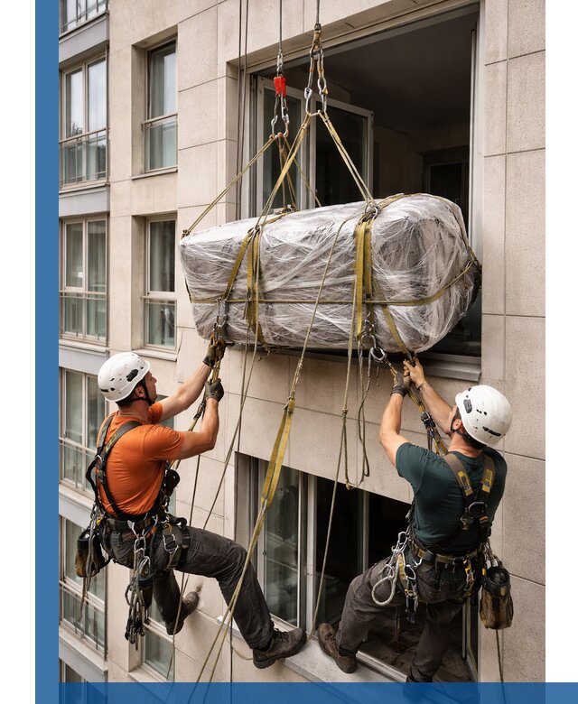 Подъем грузов через окно в Краснокаменске промышленными альпинистами