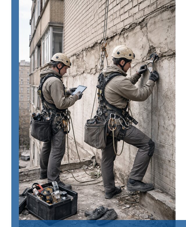 Обследование фасада промышленными альпинистами в Краснокаменске